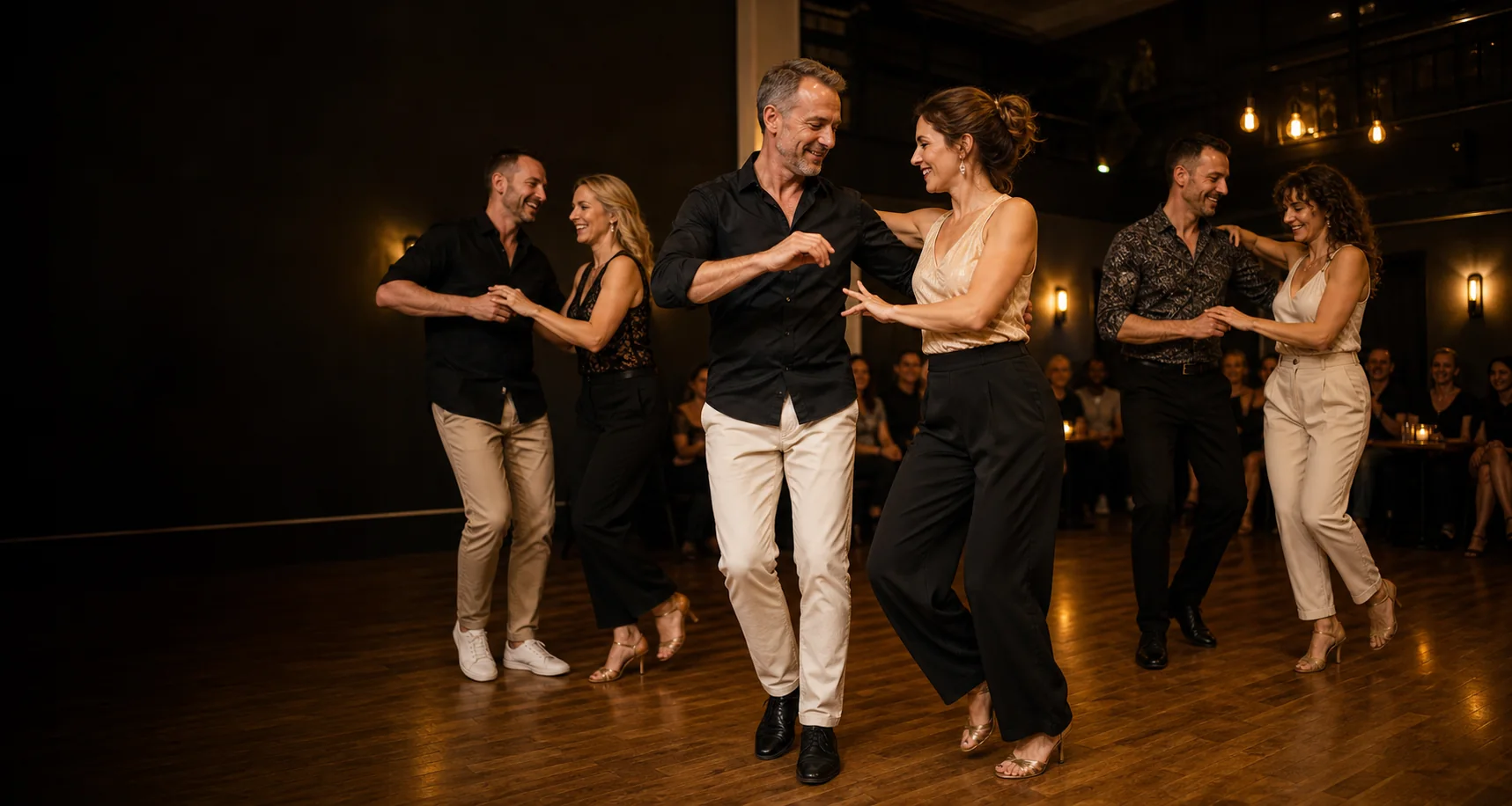 Több európai pár közösségi salsa tánc közben
